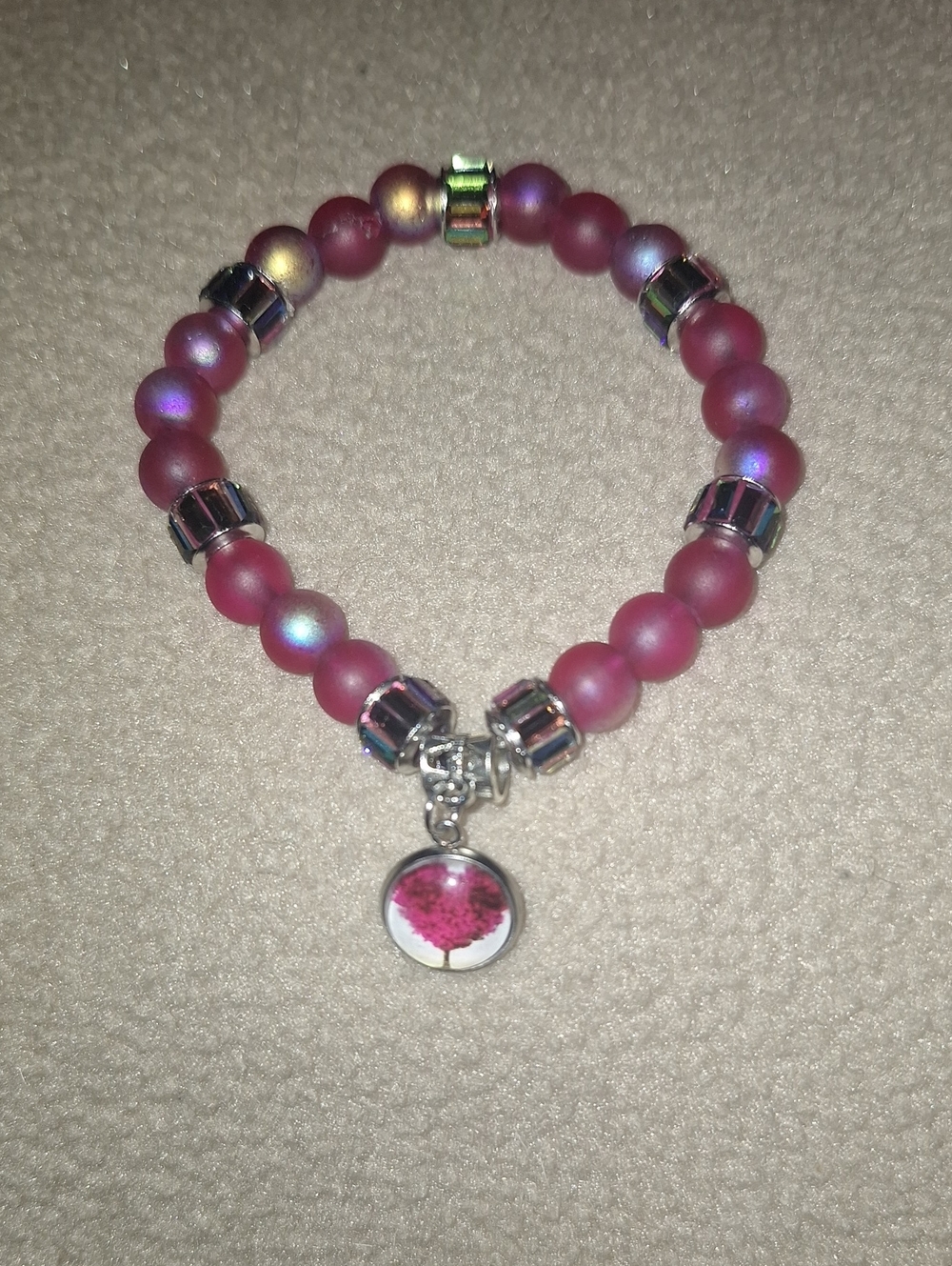 Pink Beaded Bracelet with Tree Charm